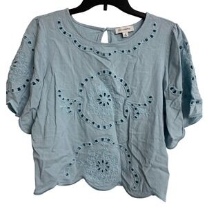 Calligraphie By Anthropologie Light Blue Eyelet Linen Blend Scalloped Hem Top M